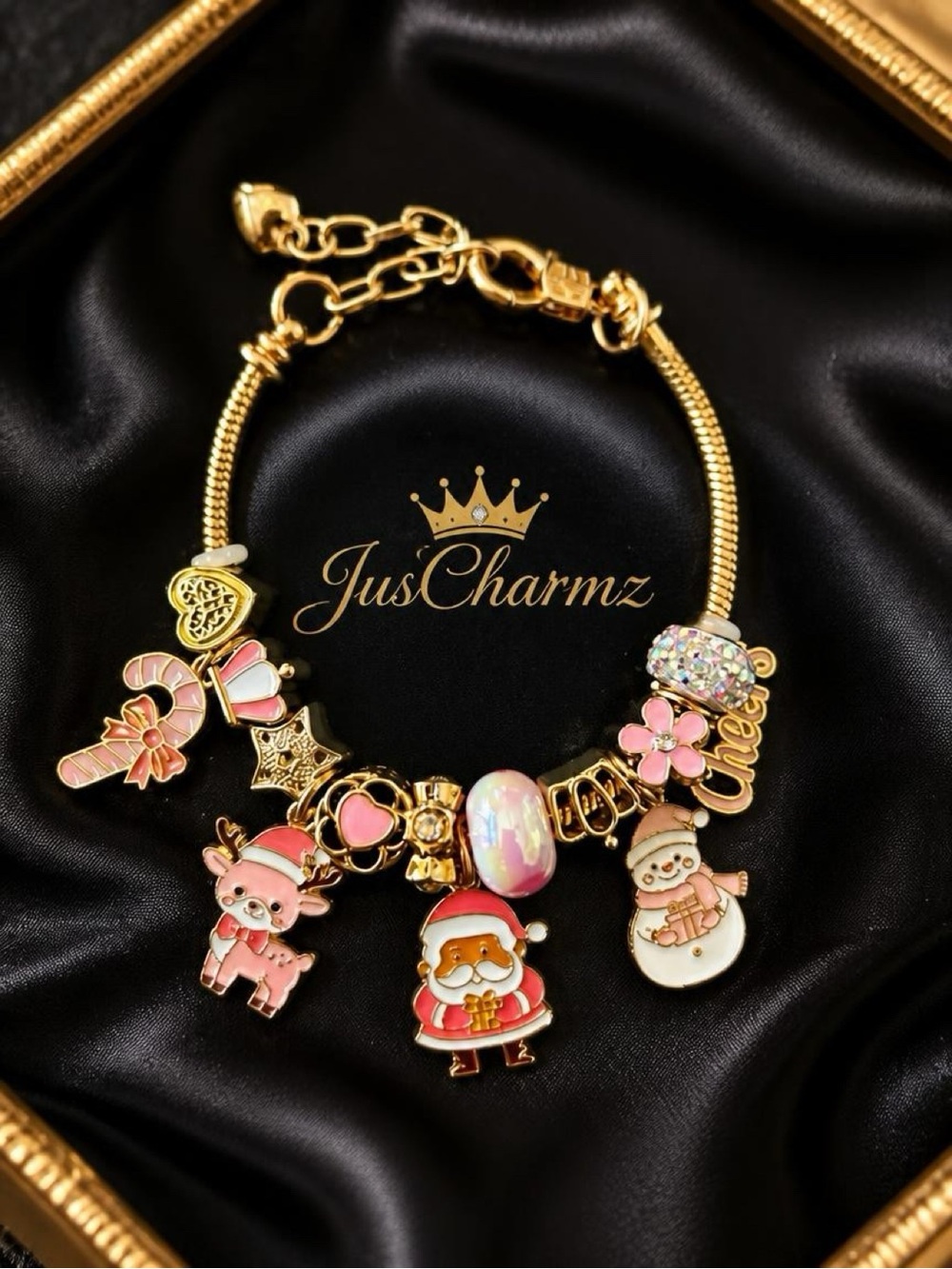 Gold-Plated Pink Christmas Charm Bracelet